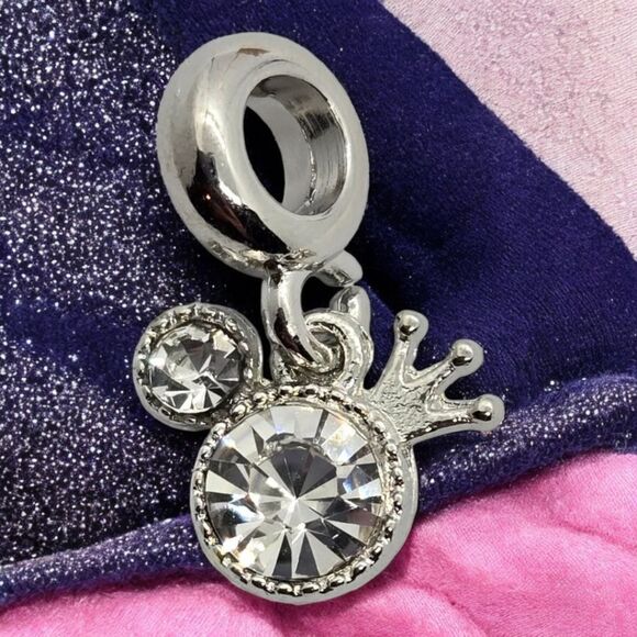 Mickey Mouse Ears Crown Hat Silver Zircon Bling Dangle Charm Pendant Bracelet - Picture 7 of 9